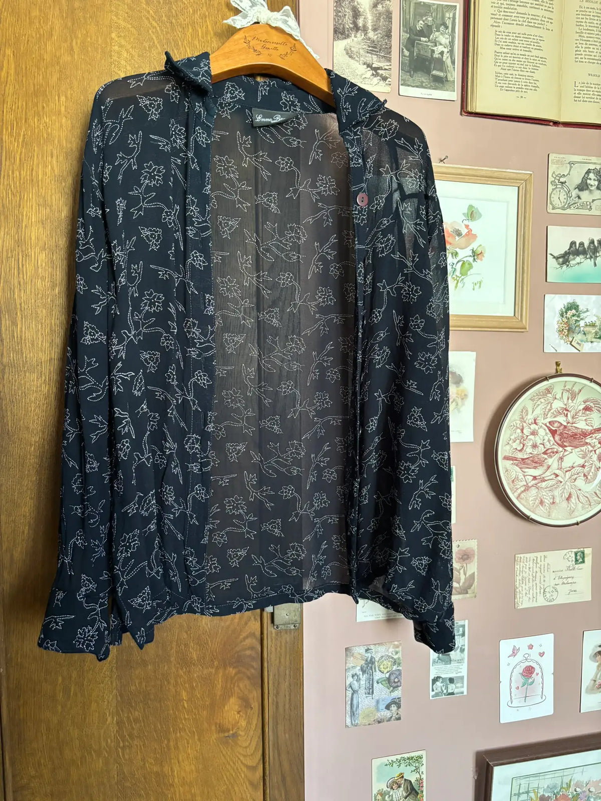Chemise transparente fleurie bleu marine – T38/40 - Années 90/2000