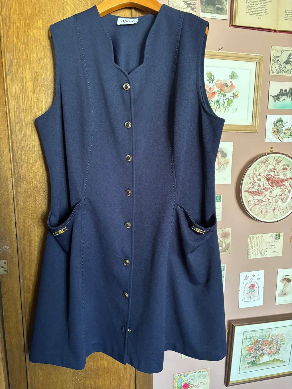 Vintage navy blue pinafore dress – Afibel – Size 14/16 (US) / 42/44 (EU) – 90s