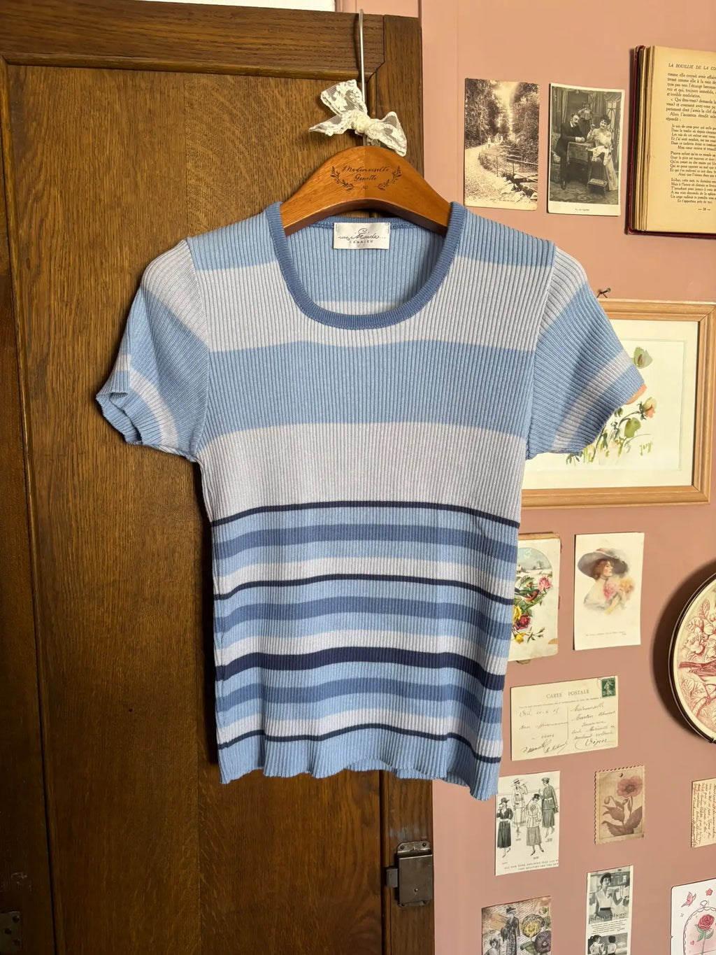 T-shirt vintage en maille rayée bleu – T.34/36 -  Années 90/2000