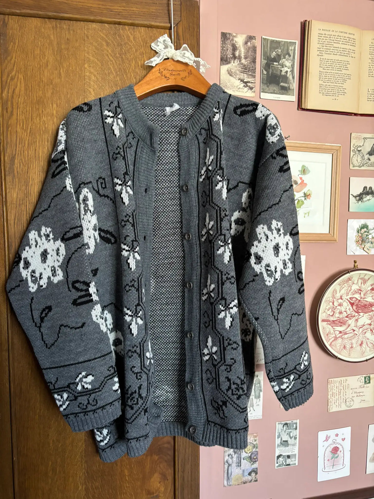 Cardigan vintage gris à motifs jacquard - Du 38 au 44 - Années 80/90