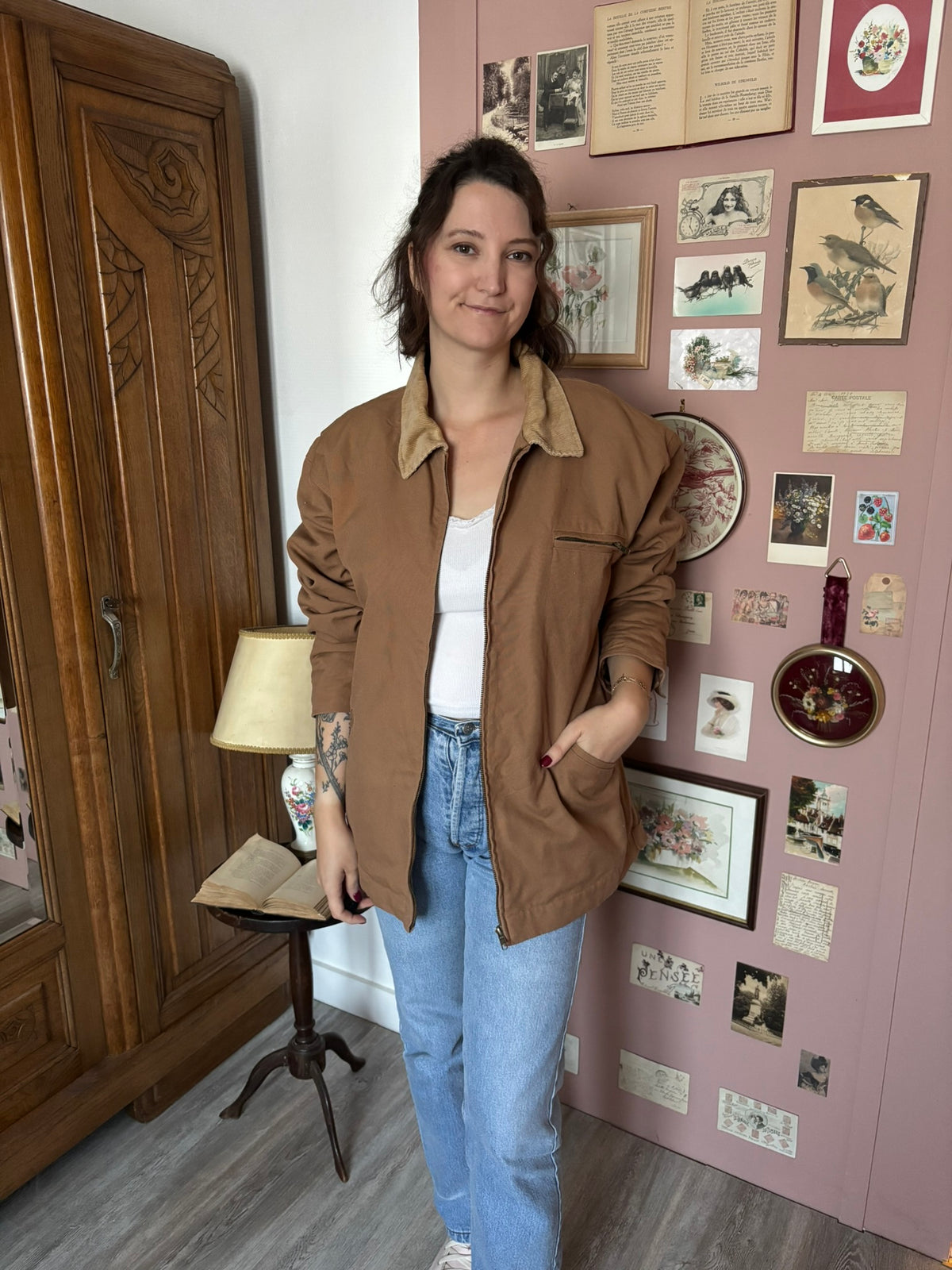 Veste workwear marron col velours – T.46/48 – Années 80/90