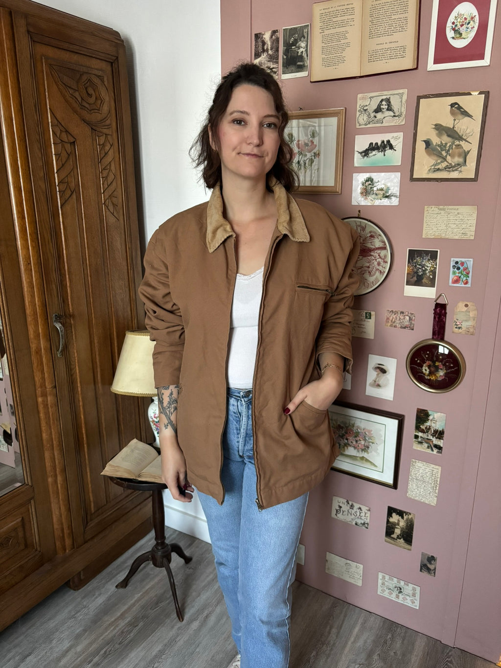 Brown workwear jacket with velvet collar – Size 46/48 – 80s/90s