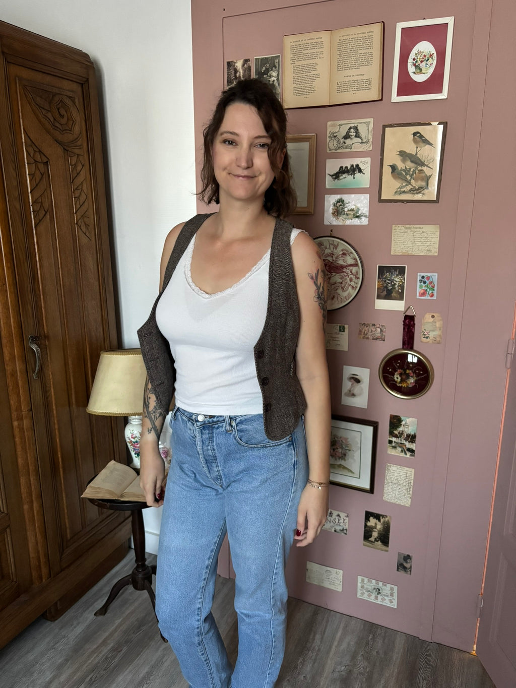 Gilet sans manches à chevrons marron – T.34/36 – Années 2000
