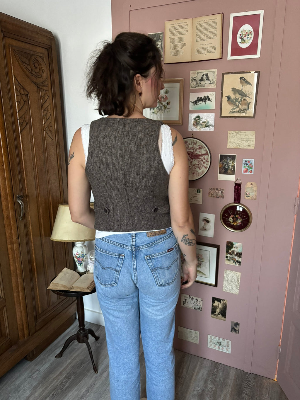Gilet sans manches à chevrons marron – T.34/36 – Années 2000