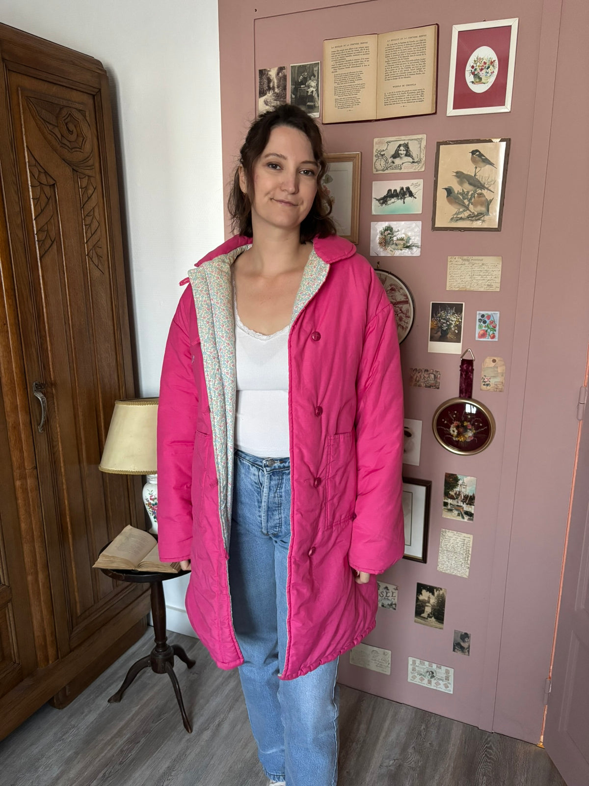 Parka ouatée rose fuchsia doublure fleurie – T.40/42 – Années 80/90