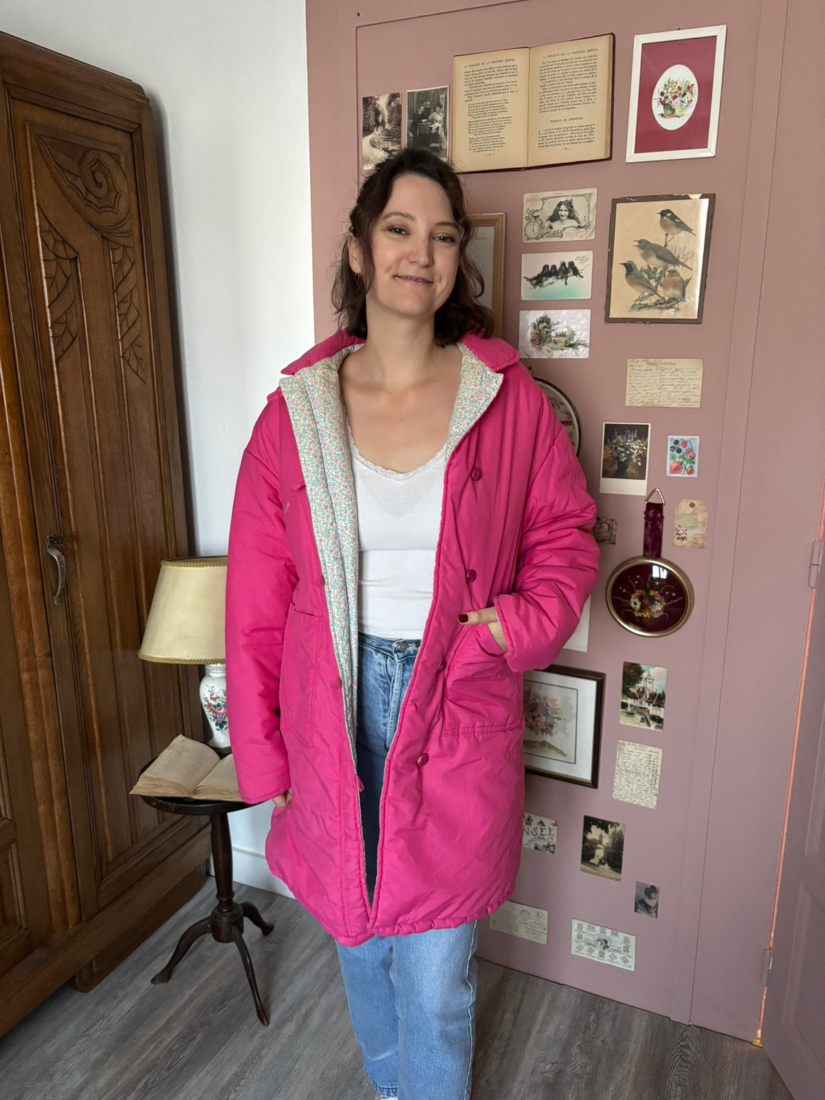 Parka ouatée rose fuchsia doublure fleurie – T.40/42 – Années 80/90