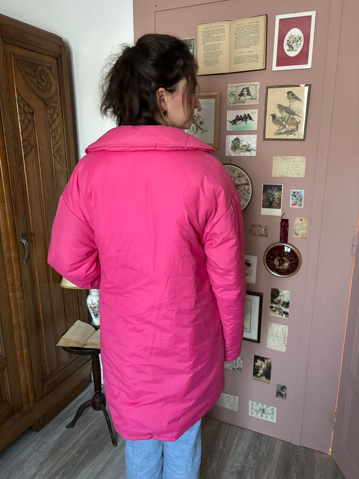 Parka ouatée rose fuchsia doublure fleurie – T.40/42 – Années 80/90