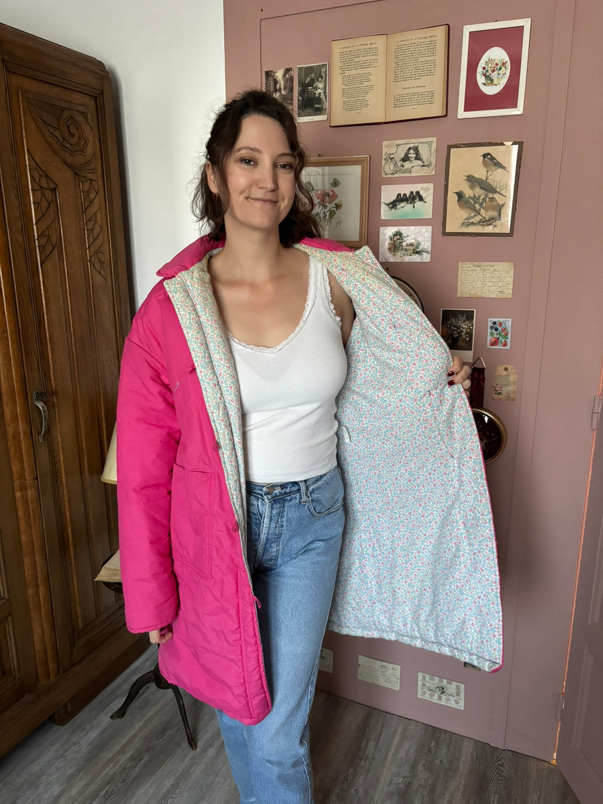 Parka ouatée rose fuchsia doublure fleurie – T.40/42 – Années 80/90