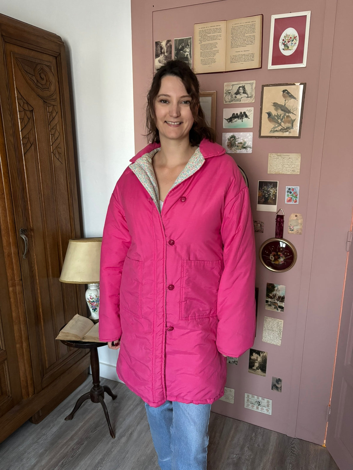Parka ouatée rose fuchsia doublure fleurie – T.40/42 – Années 80/90