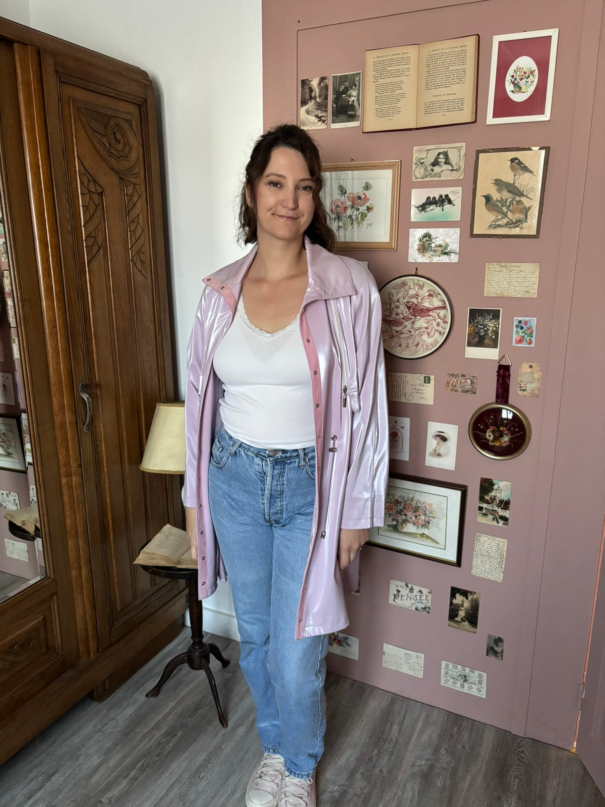Veste de pluie longue lilas brillant – T.38/40 – Années 90