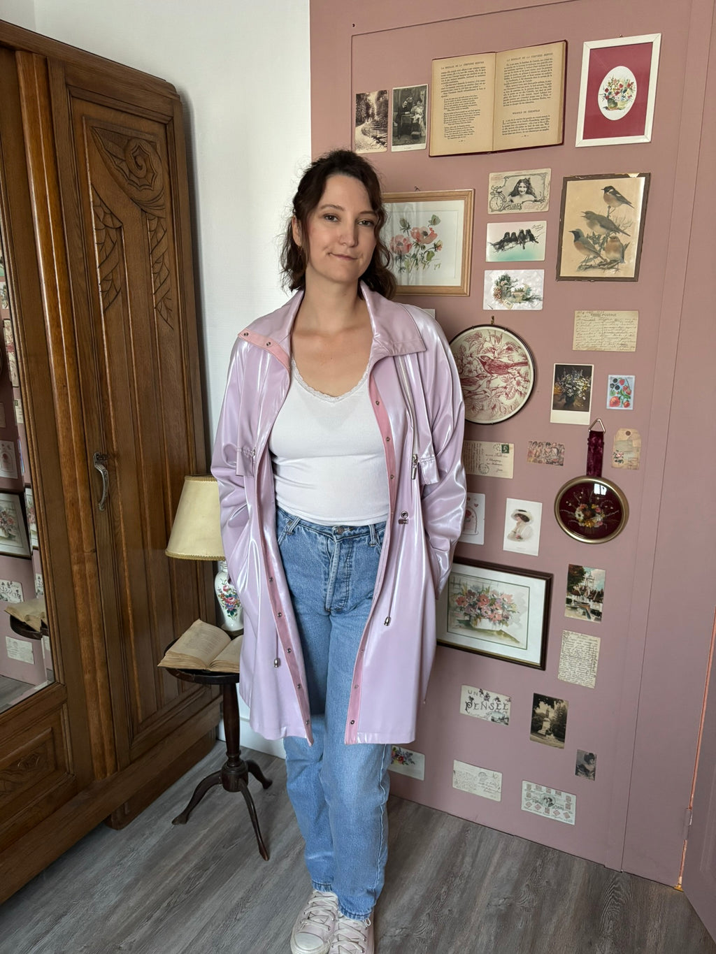 Shiny lilac long rain jacket – Size 38/40 – 1990s
