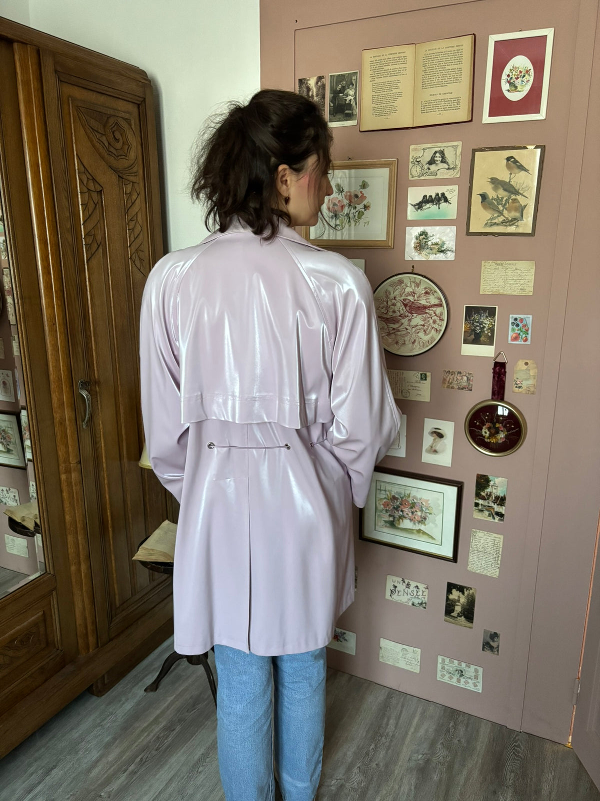 Veste de pluie longue lilas brillant – T.38/40 – Années 90