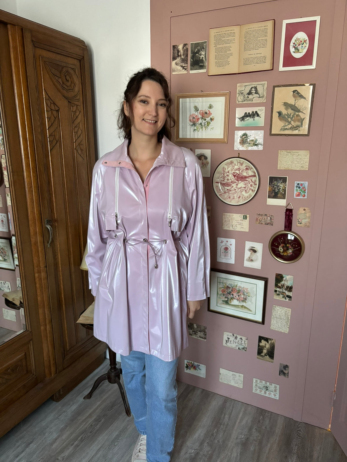 Veste de pluie longue lilas brillant – T.38/40 – Années 90