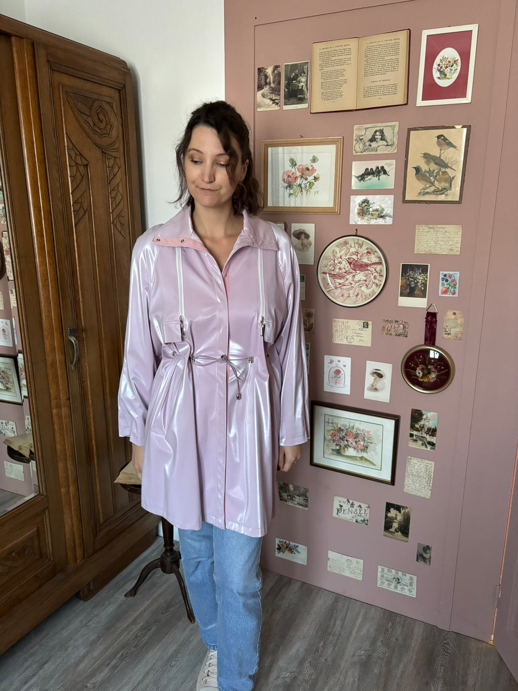 Shiny lilac long rain jacket – Size 38/40 – 1990s