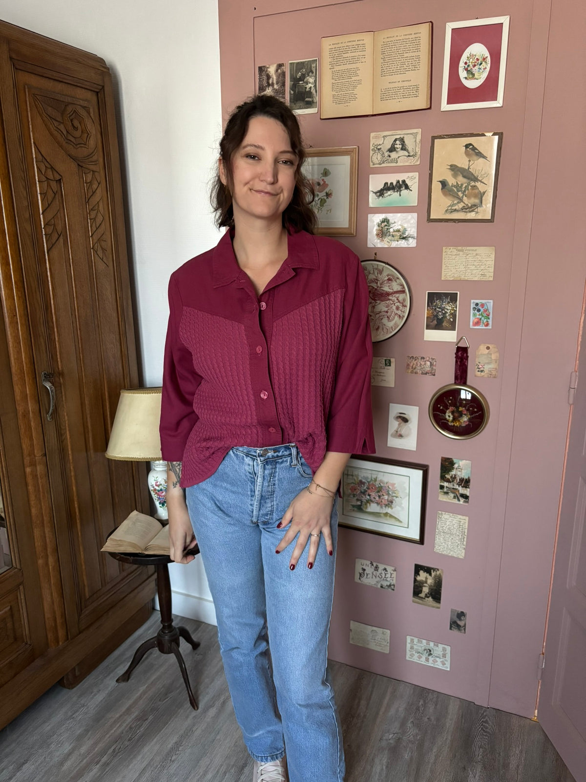 Chemise prune lin & maille torsadée – T.44/46 – Années 90