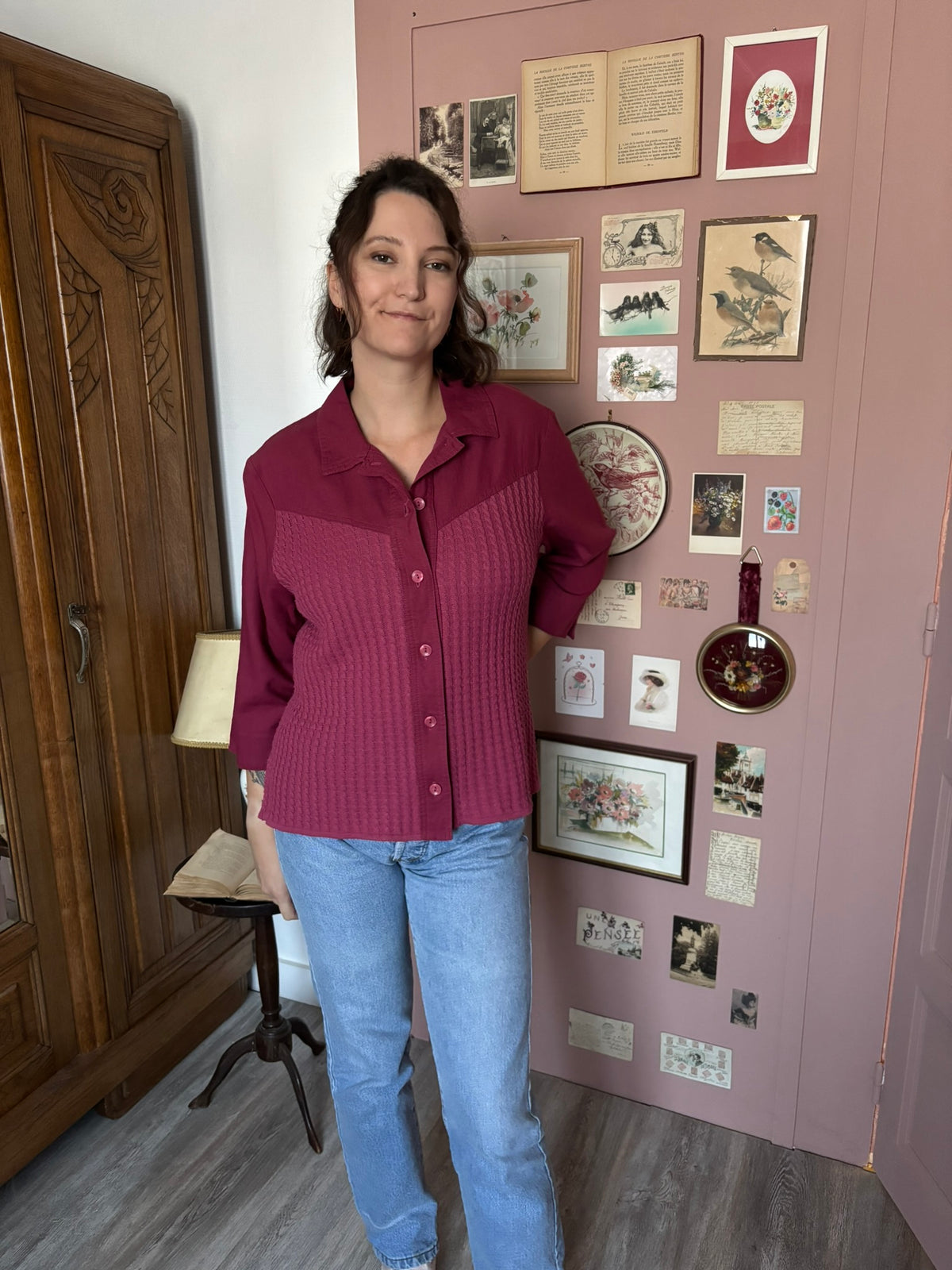 Chemise prune lin & maille torsadée – T.44/46 – Années 90