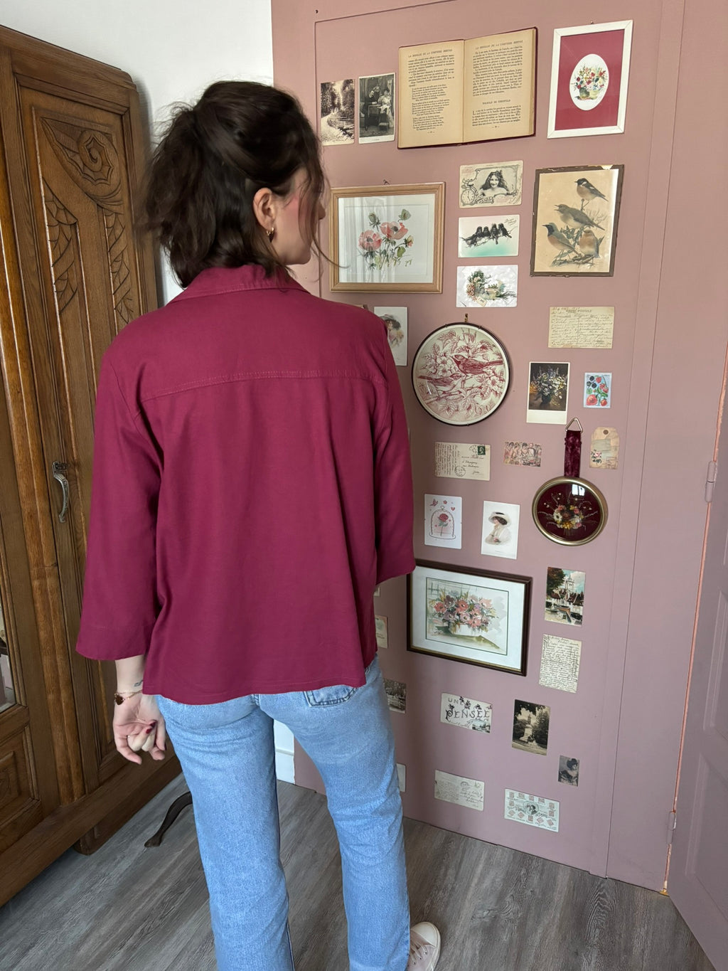 Plum linen & cable knit shirt – Size 14/16 – 1990s