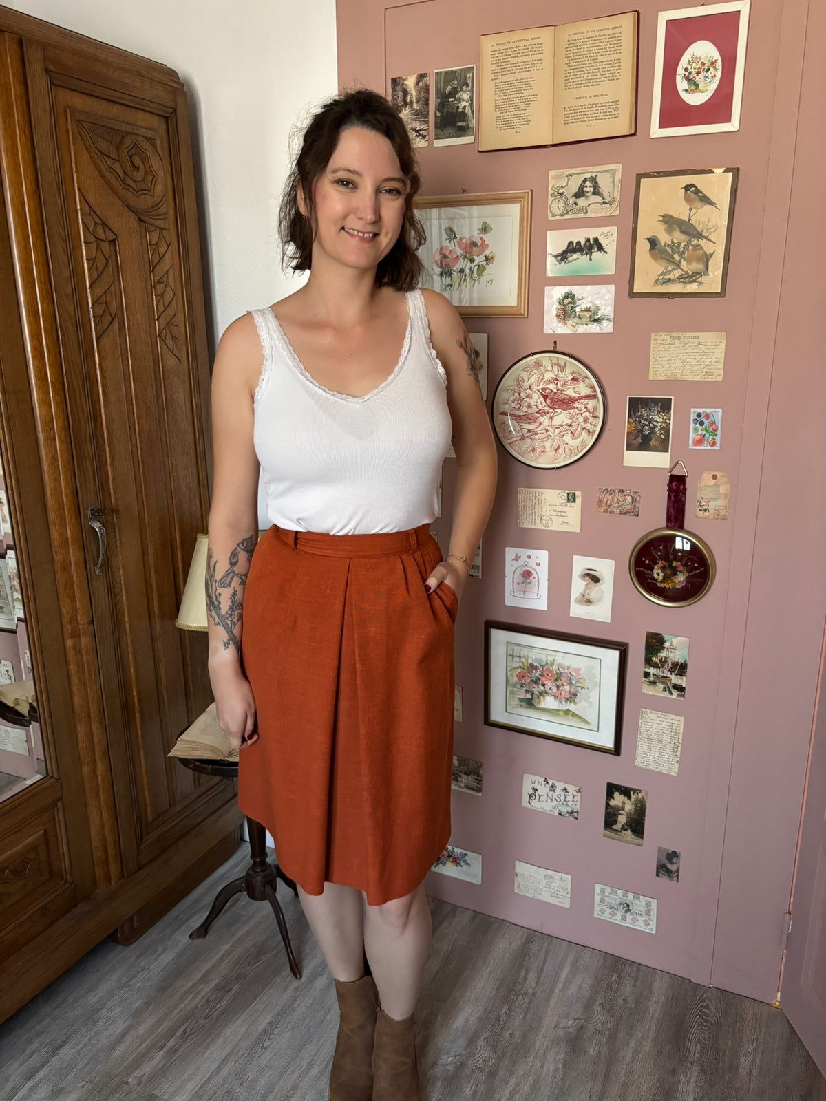 Jupe taille haute terracotta à plis – T.36 – Fin années 80