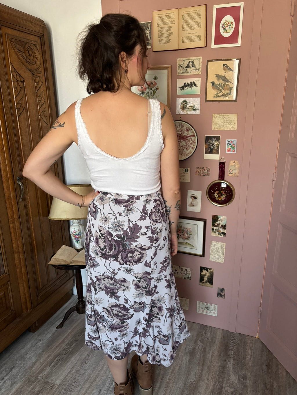 Jupe midi fleurie fluide violette – T.40/42– Années 90/2000