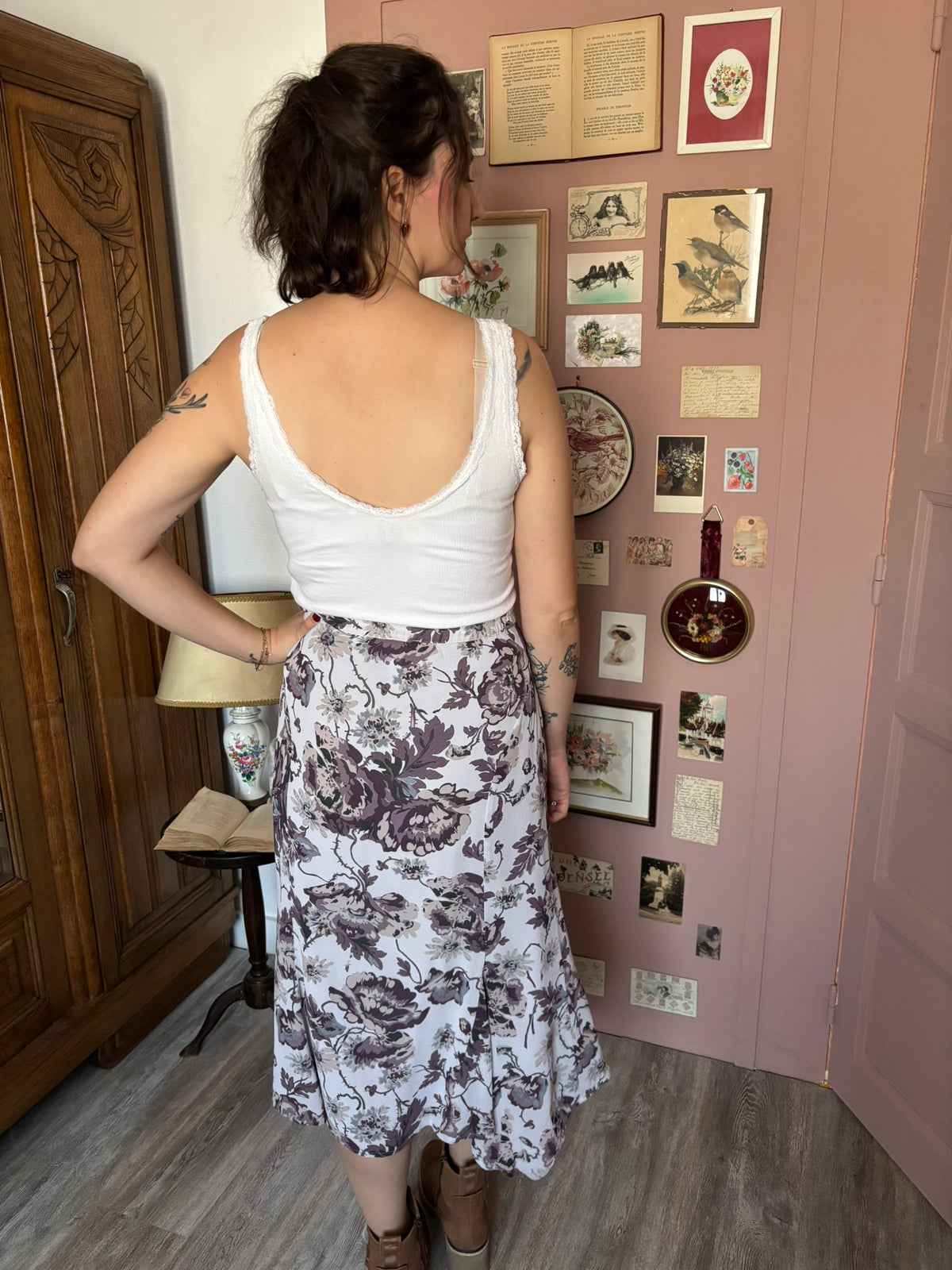 Jupe midi fleurie fluide violette – T.40/42– Années 90/2000
