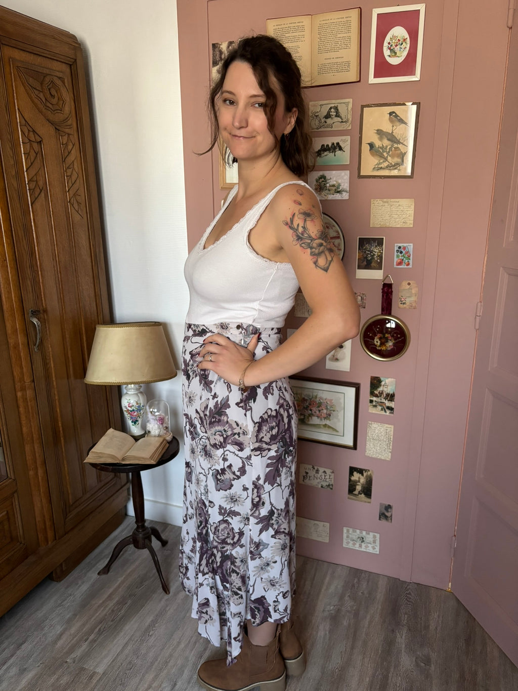 Jupe midi fleurie fluide violette – T.40/42– Années 90/2000