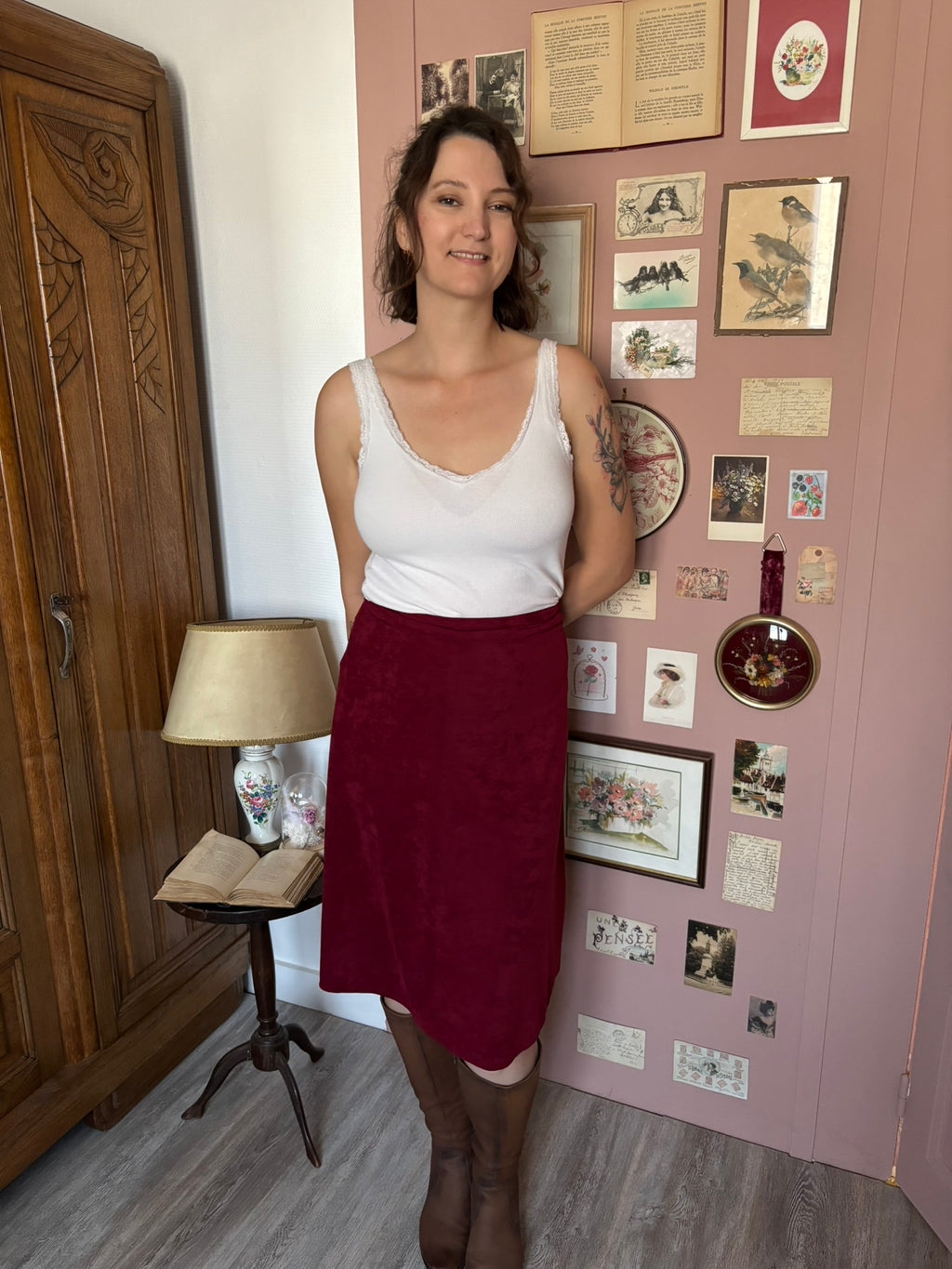Burgundy velvet-effect flared midi skirt – Size S (US 4/6) – 1990s