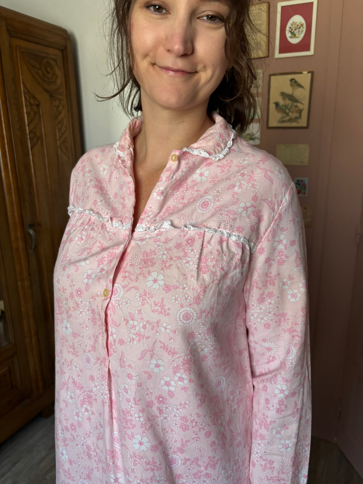 Chemise de nuit fleurie rose en coton – T.38 à 44 – Années 60/70