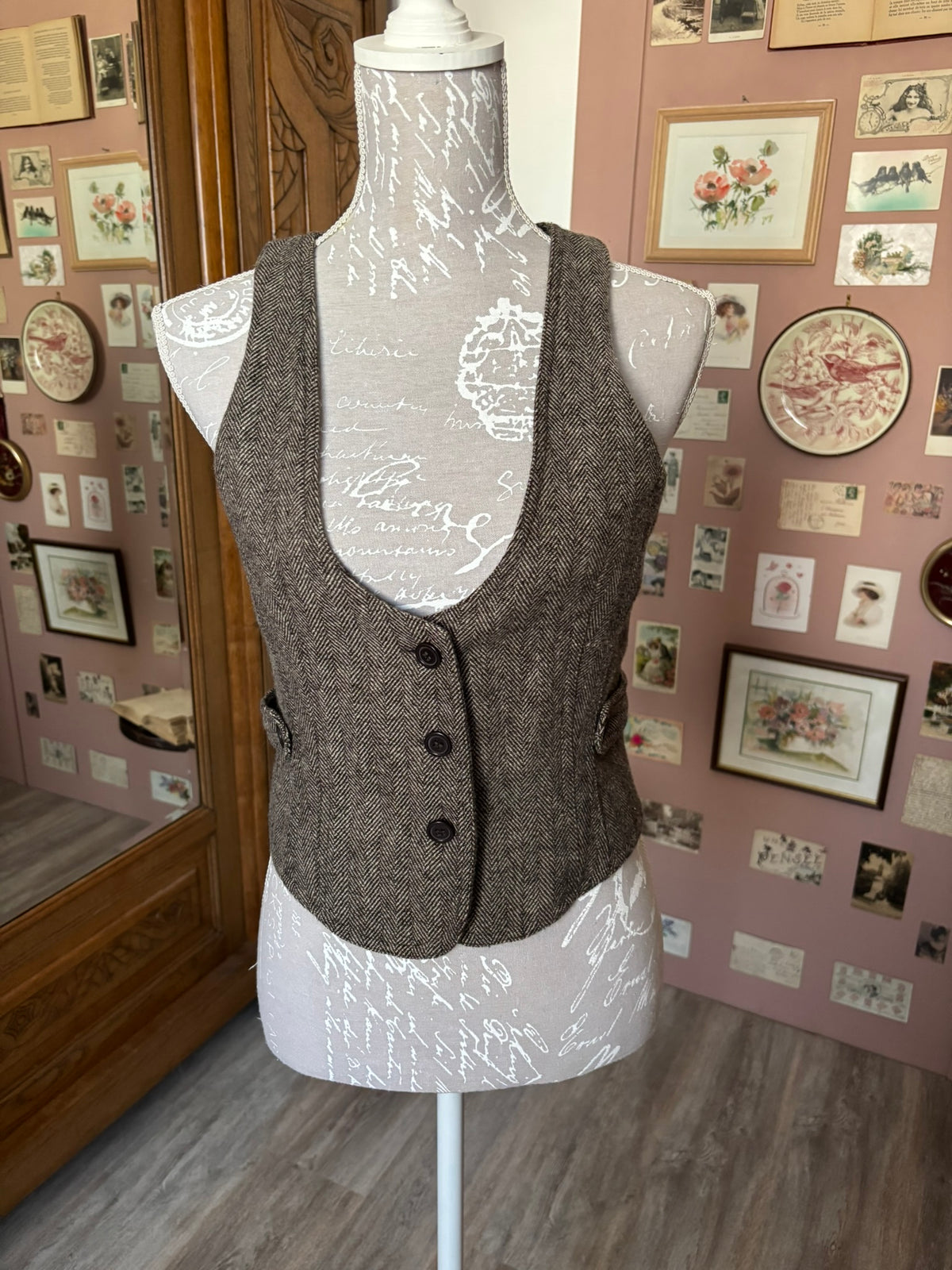 Gilet sans manches à chevrons marron – T.34/36 – Années 2000