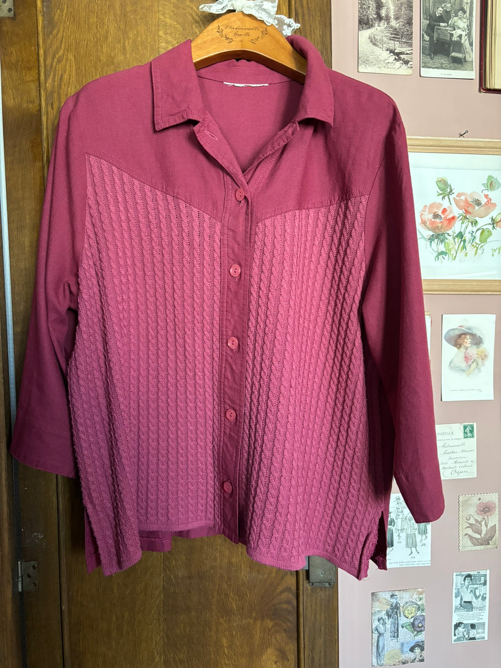 Plum linen & cable knit shirt – Size 14/16 – 1990s