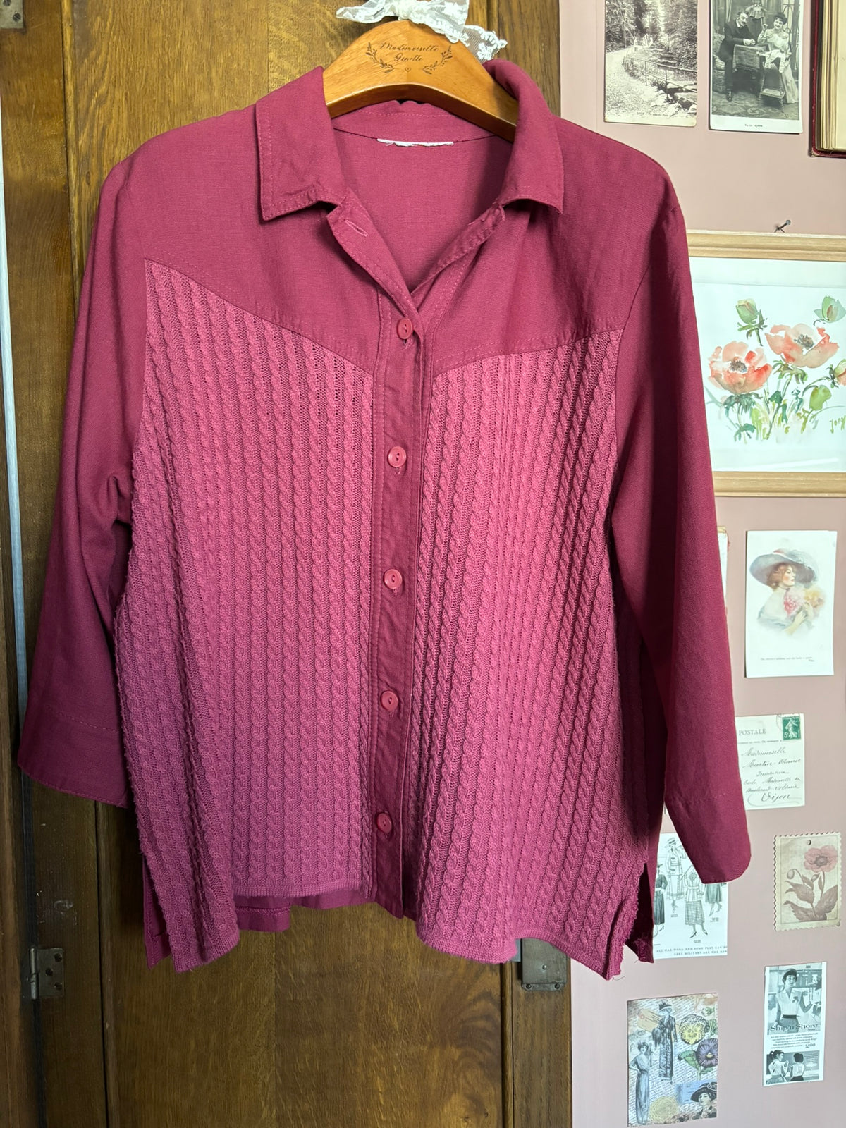 Chemise prune lin & maille torsadée – T.44/46 – Années 90
