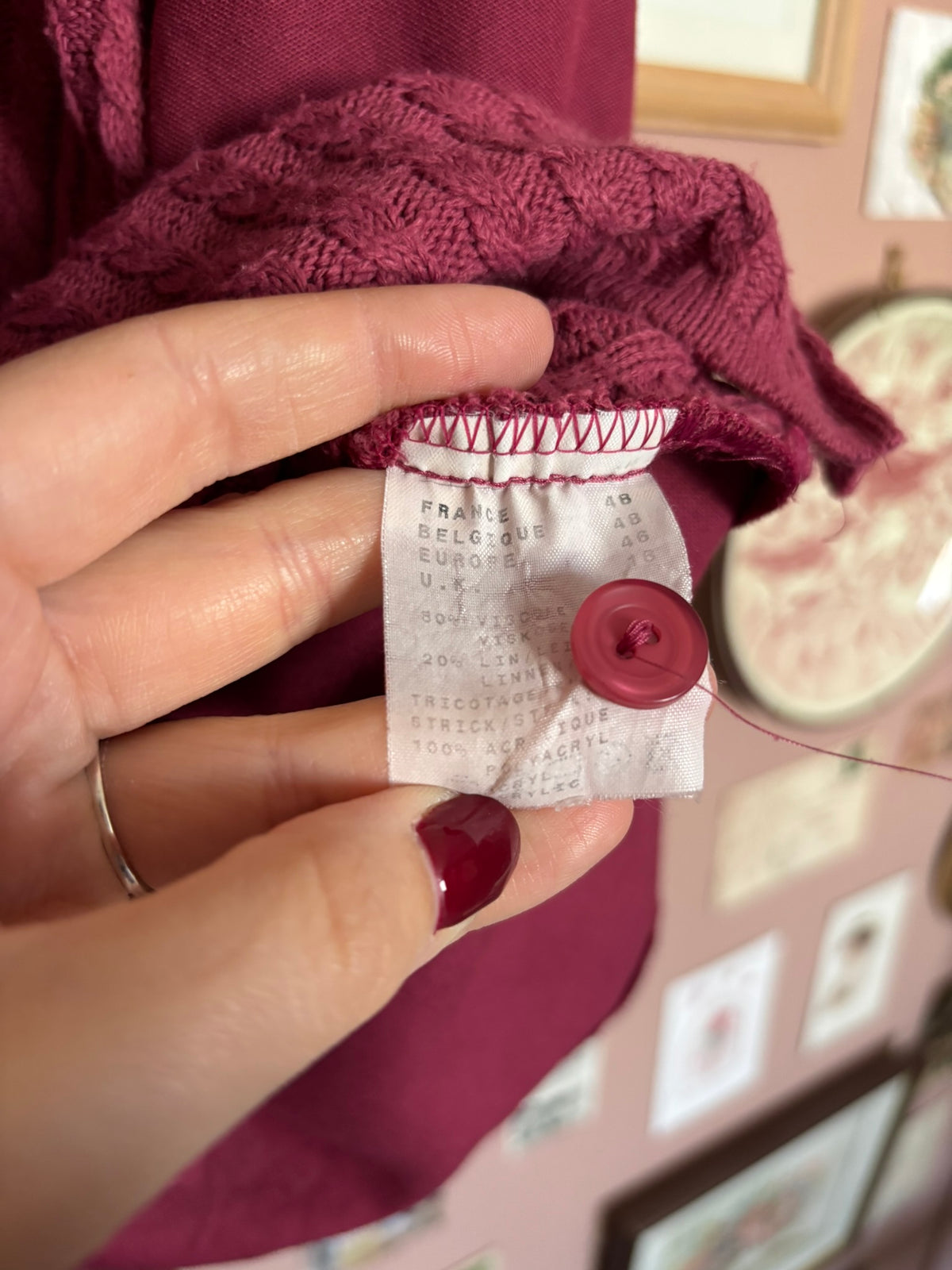Plum linen & cable knit shirt – Size 14/16 – 1990s