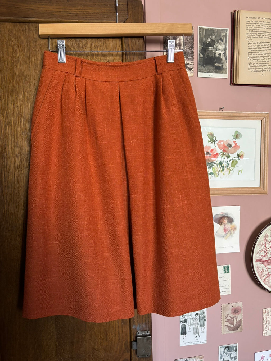 Terracotta high-waisted pleated skirt – Size 36 – Late 80s
