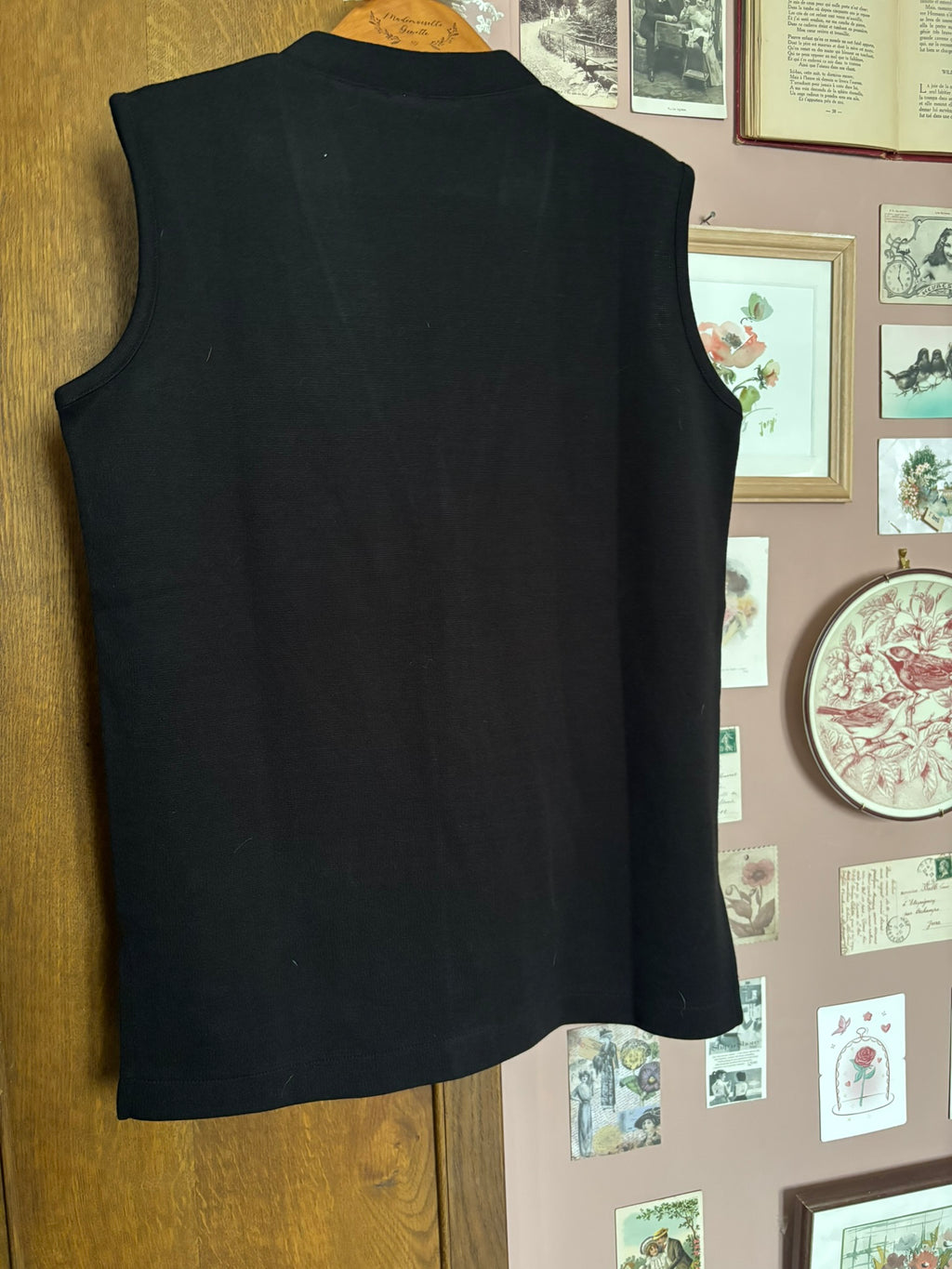 Long black sleeveless cardigan with floral embroidery – Size 38 to 42 – 90s/2000s