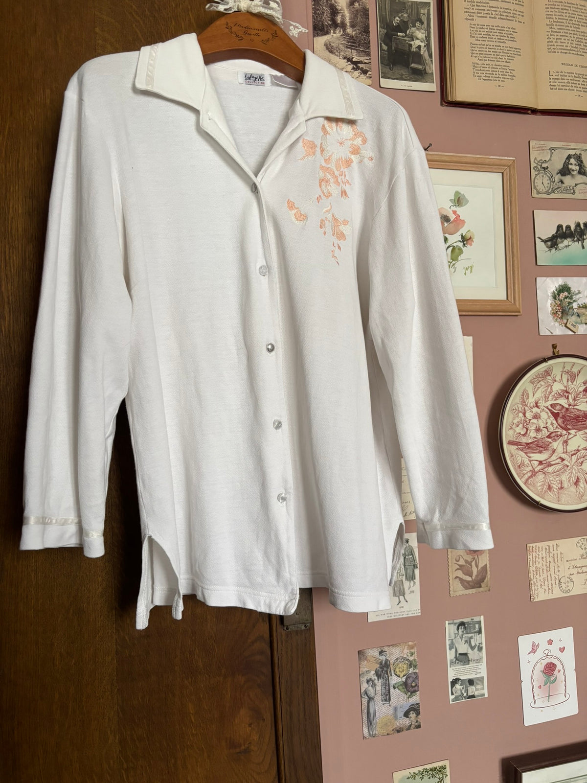 Chemise blanche à broderies florales pêche – T.40/42 – Années 90