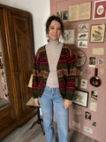 Vintage khaki, burgundy and beige jacquard cardigan – Size 38 to 42 – 1990s