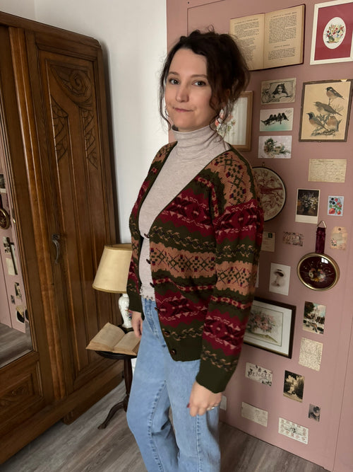 Vintage khaki, burgundy and beige jacquard cardigan – Size 38 to 42 – 1990s