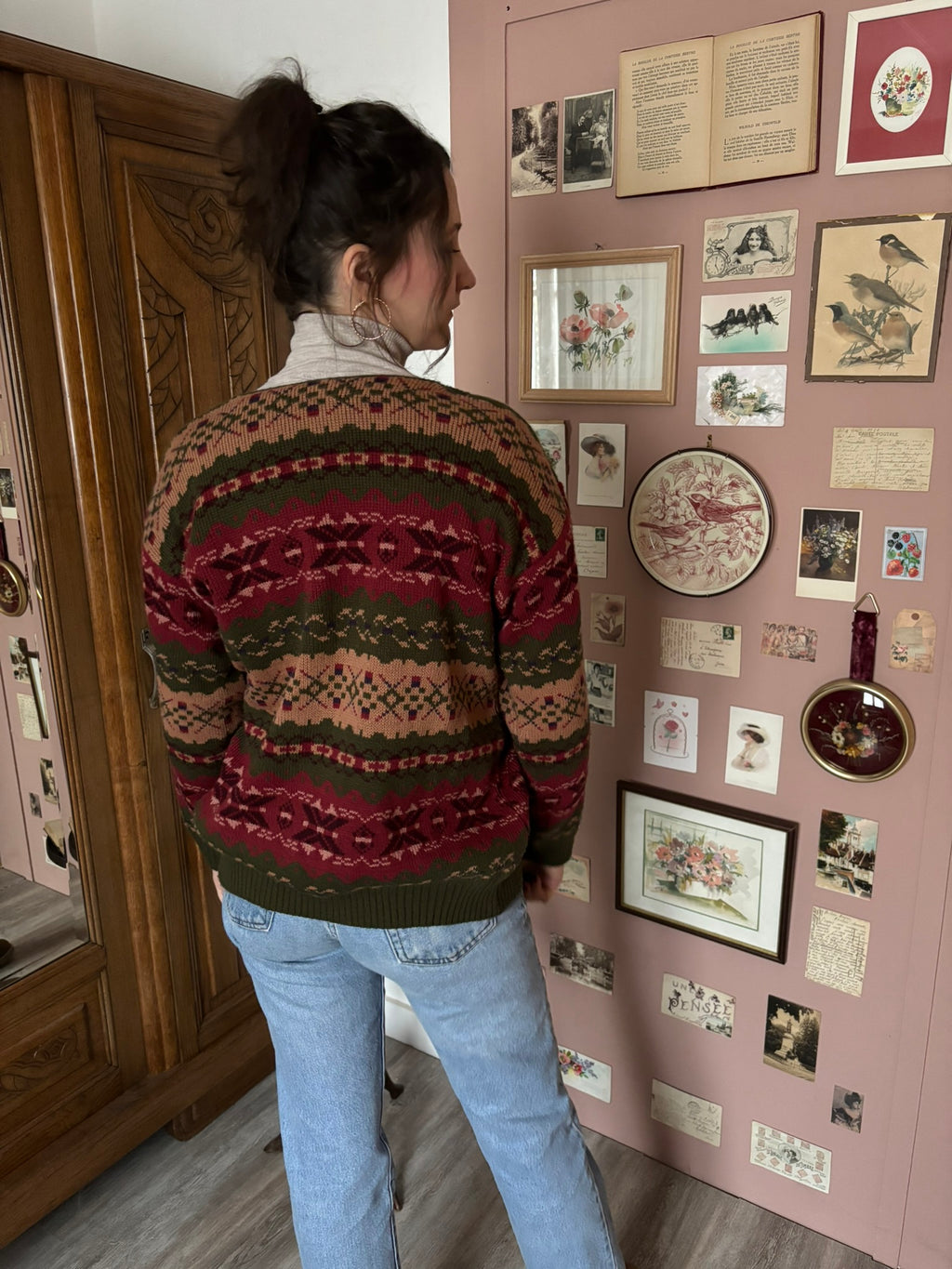 Vintage khaki, burgundy and beige jacquard cardigan – Size 38 to 42 – 1990s
