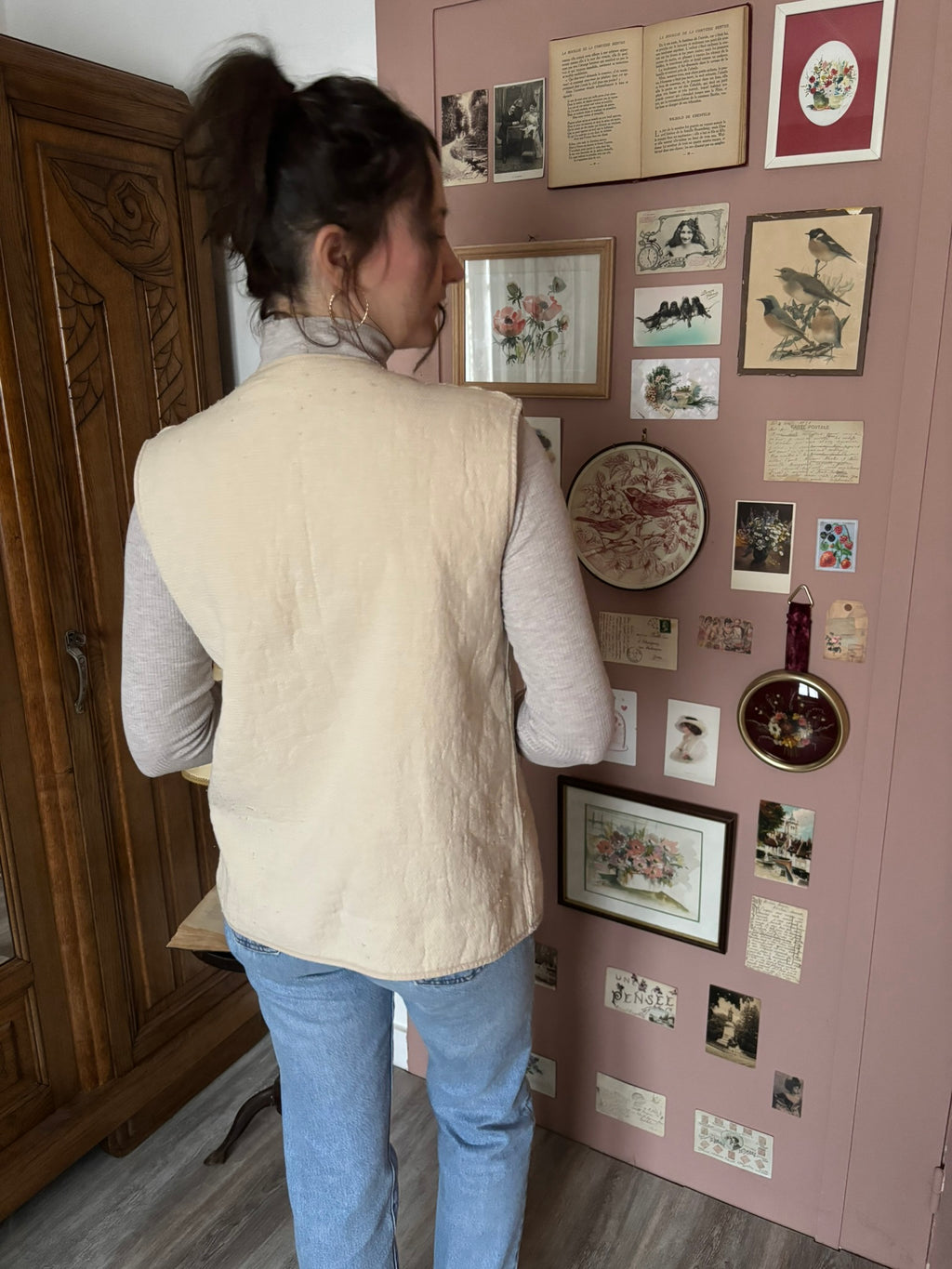 Gilet sans manches vintage écru doublé sherpa – Du 38 au 42  – Années 70