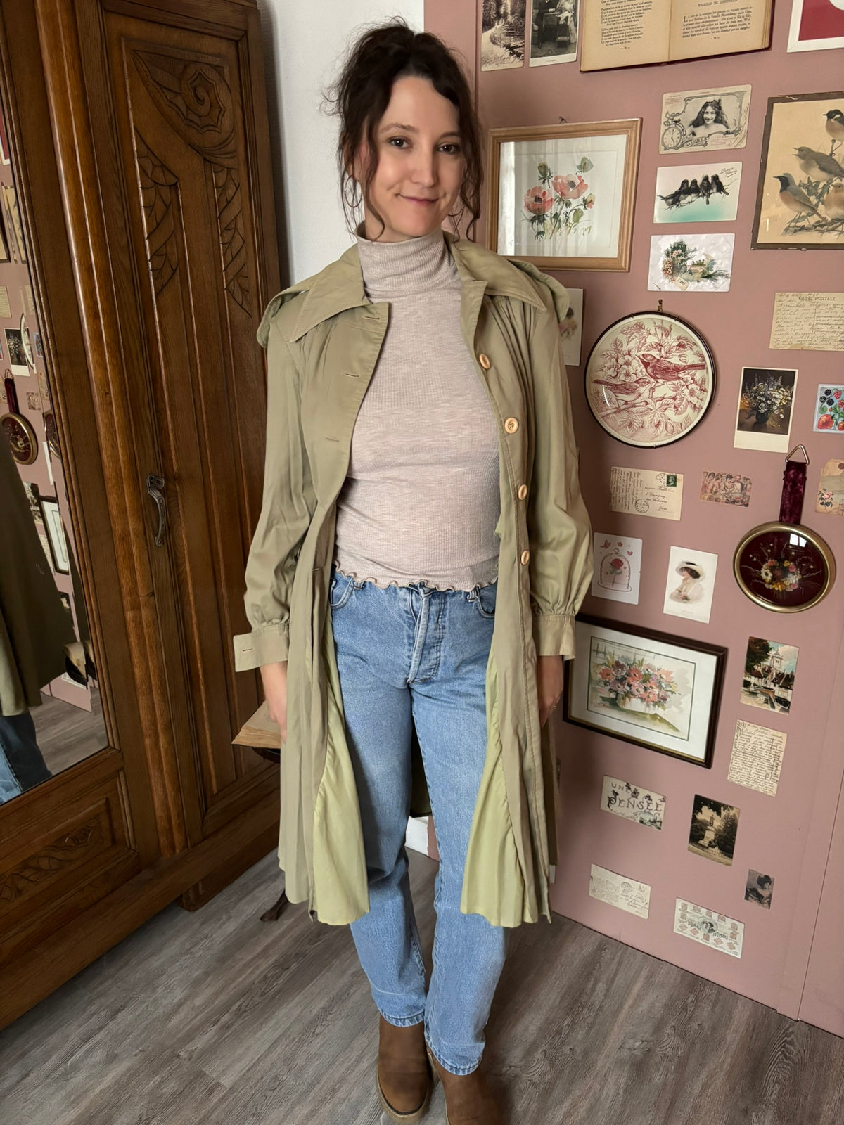 Trench vintage kaki clair à taille ceinturée – O’Trio Créations Paris –T.34/36- Années 80