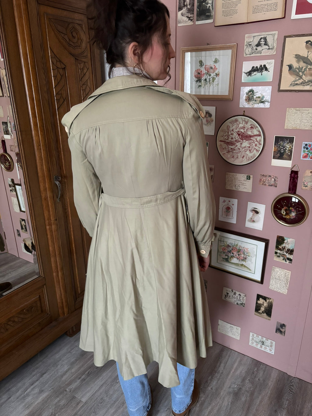 Trench vintage kaki clair à taille ceinturée – O’Trio Créations Paris –T.34/36- Années 80