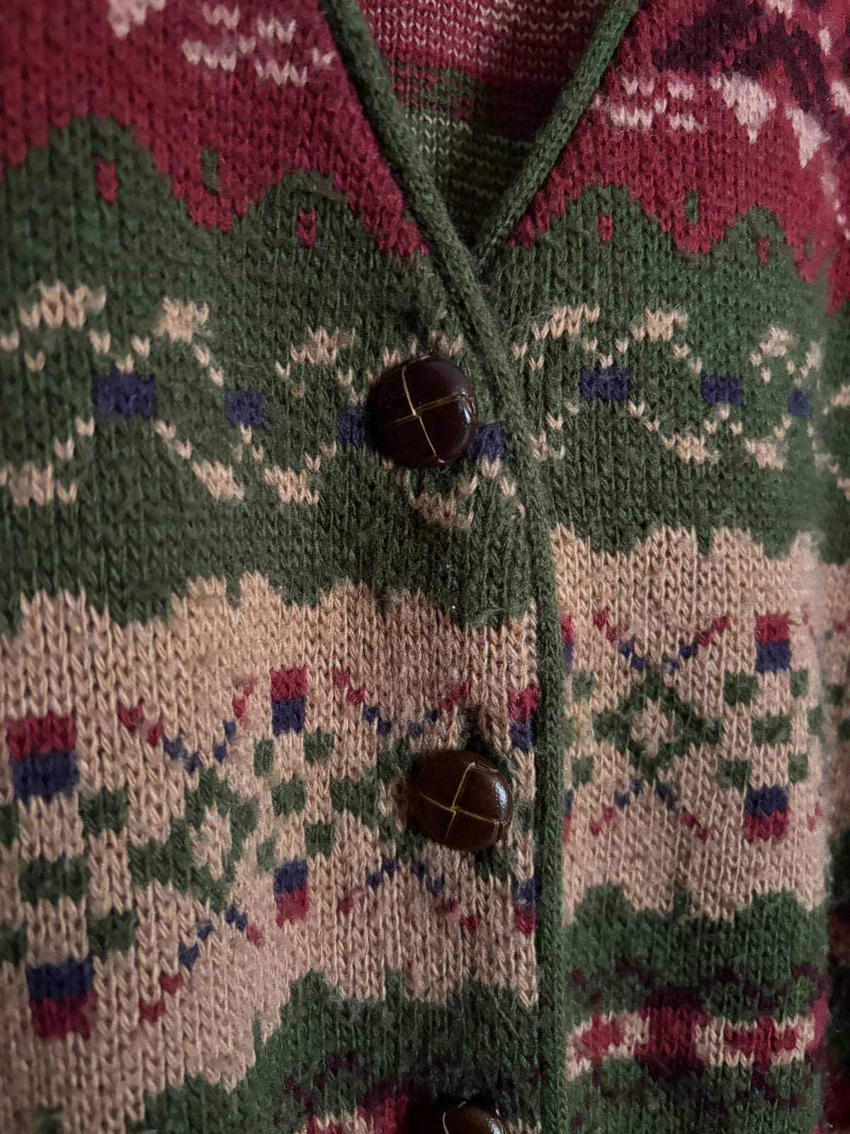 Vintage khaki, burgundy and beige jacquard cardigan – Size 38 to 42 – 1990s
