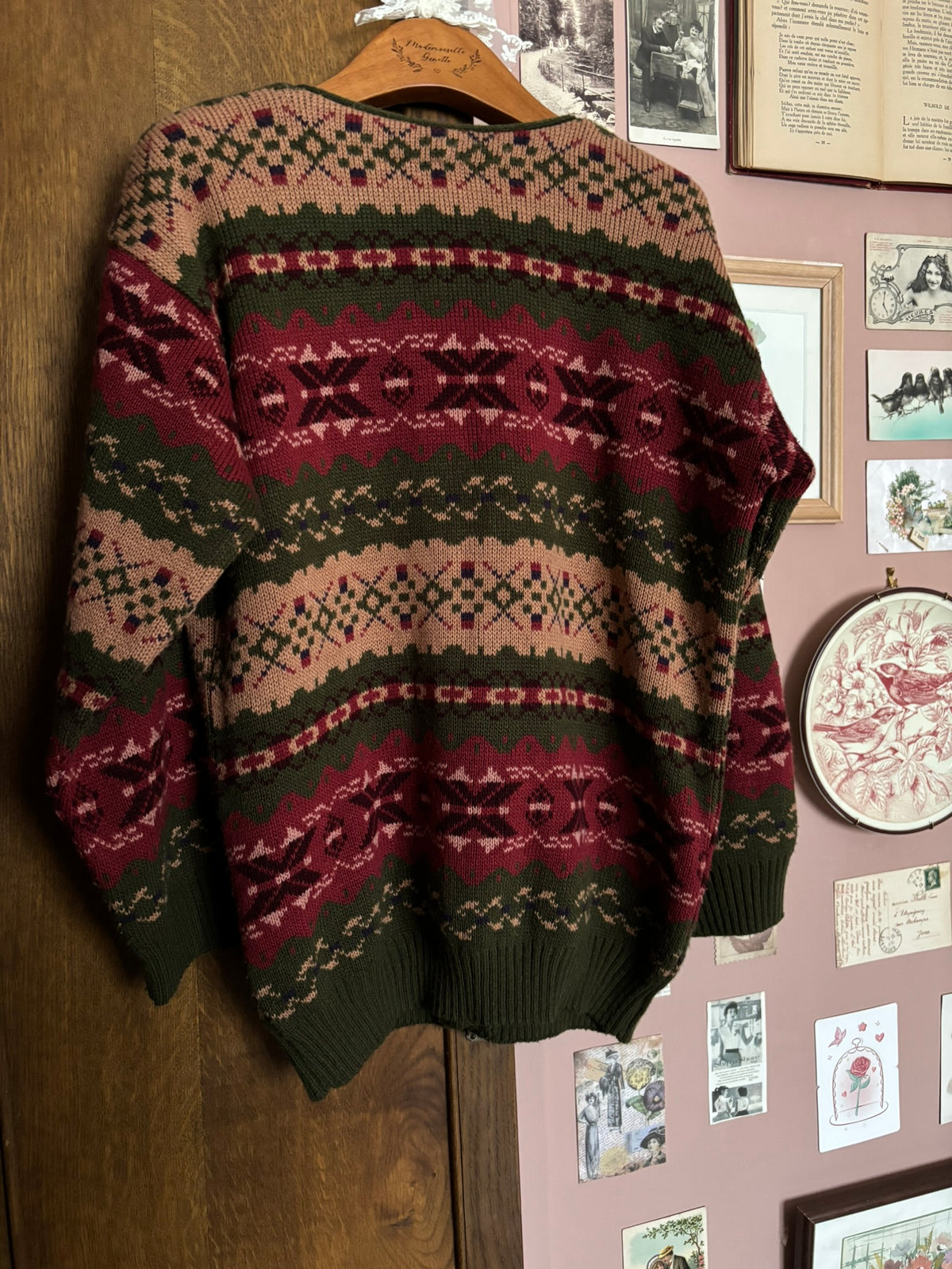 Vintage khaki, burgundy and beige jacquard cardigan – Size 38 to 42 – 1990s