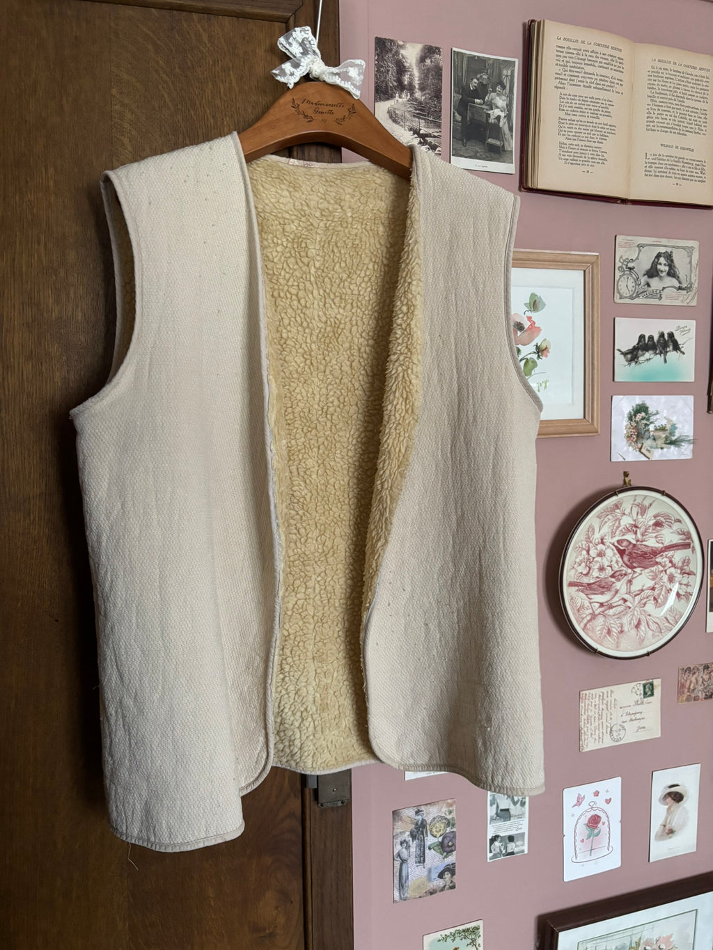 Gilet sans manches vintage écru doublé sherpa – Du 38 au 42  – Années 70