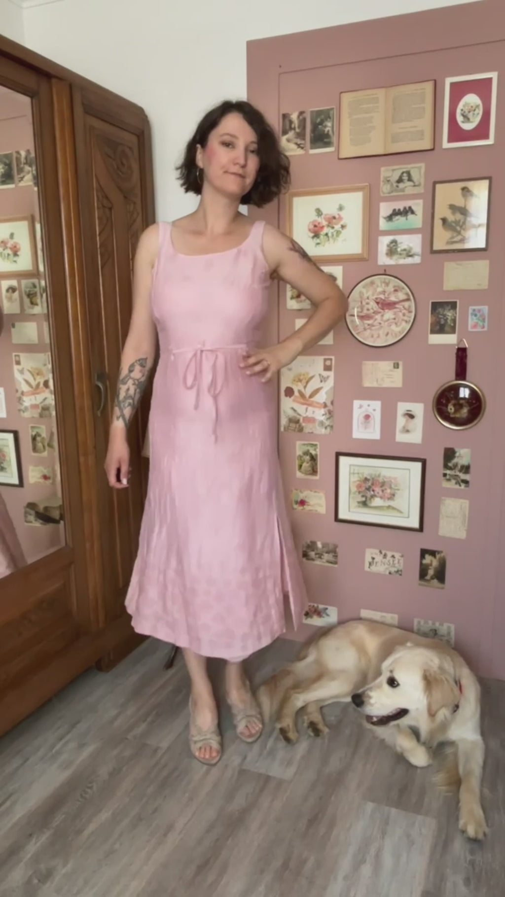 Robe longue rose poudré brodée – Antonelle –T.34/36-  Vintage années 90/2000