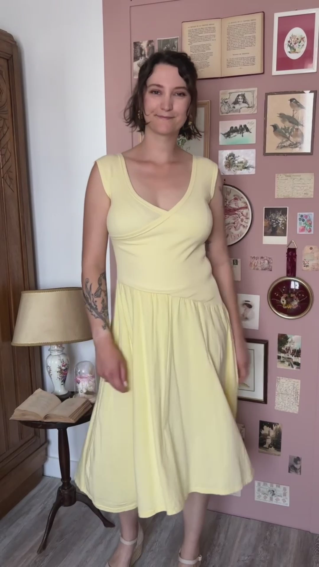 Robe midi jaune pastel en coton – De Waele - T.36/38 Années 80/90