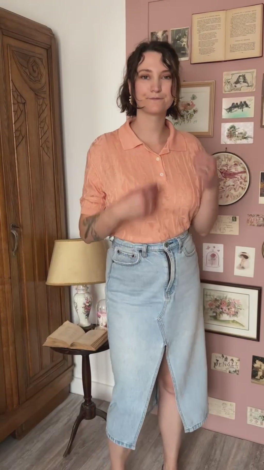 Vintage peach open knit polo shirt - Size 40/42 - 80s/90s