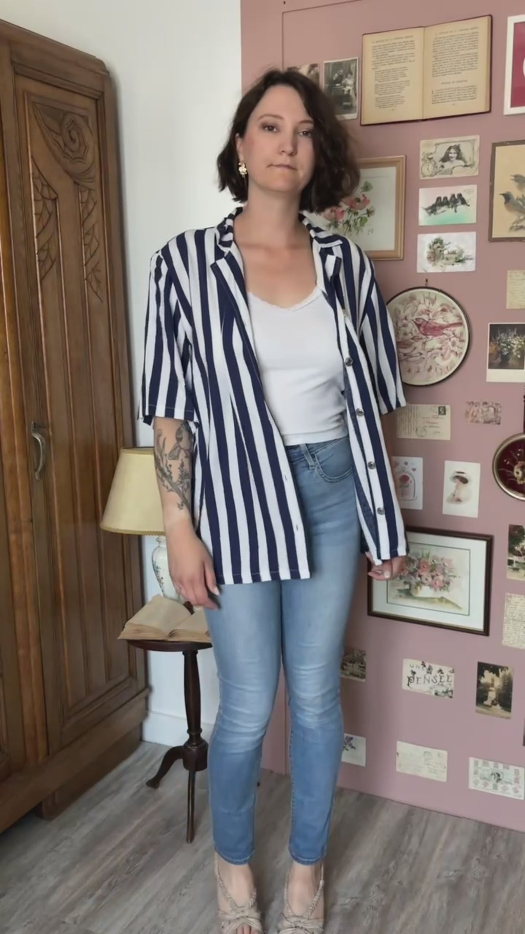 Chemisier fluide rayé bleu et blanc – T.46/48 – Vintage années 80