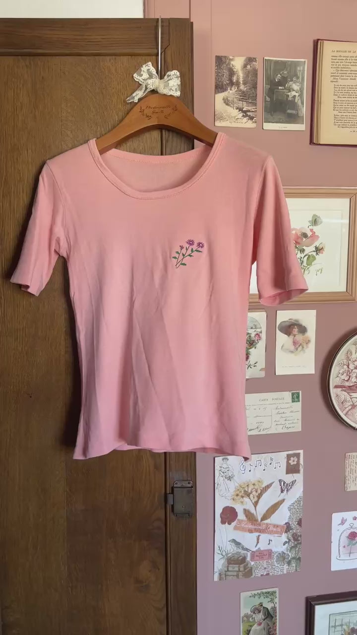 T-shirt saumon à broderie fleur – T.36 - Y2K - Vintage 2000