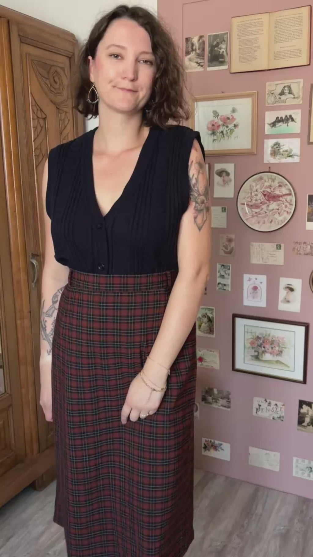 Jupe midi tartan en laine mélangée – T.46 – Années 90