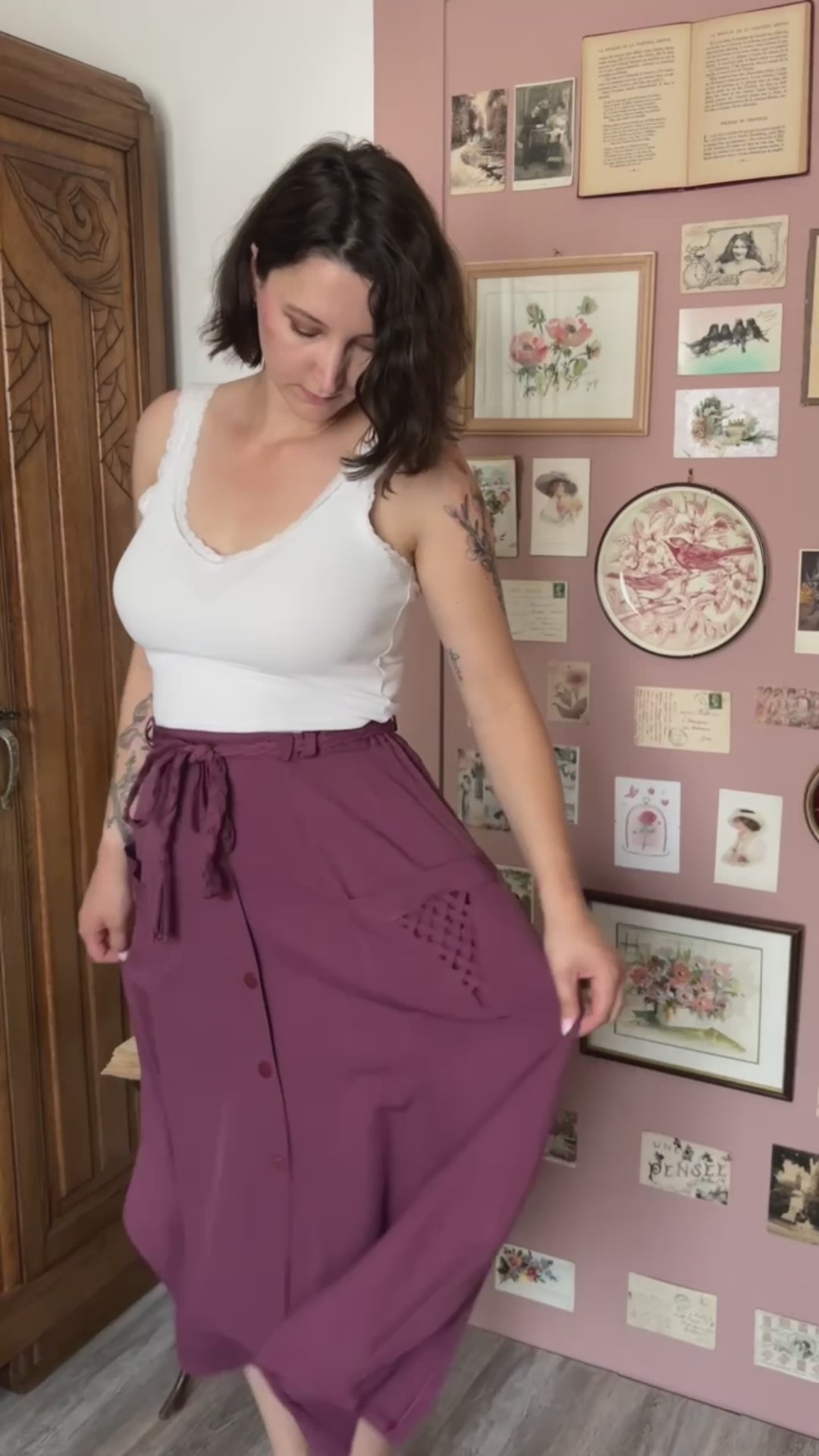Jupe midi prune à taille ajustable – T.40/42 – Vintage années 90